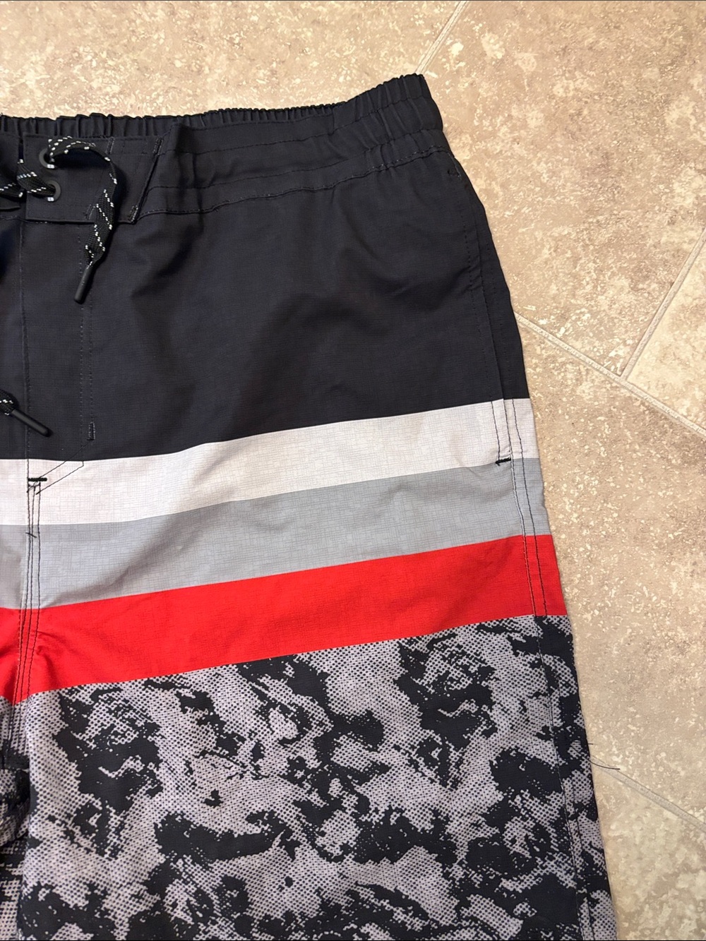 Eddie Bauer Black Swim Board Shorts with Red & Gray Stripes - Picture 3 of 5